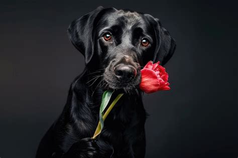 Premium Photo Black Dog Holding Orange Flower In Mouth On Dark Background