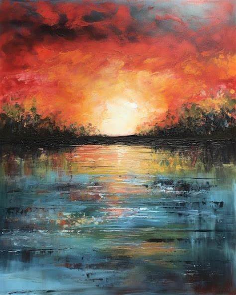 Premium AI Image | A painting of a sunset over a lake