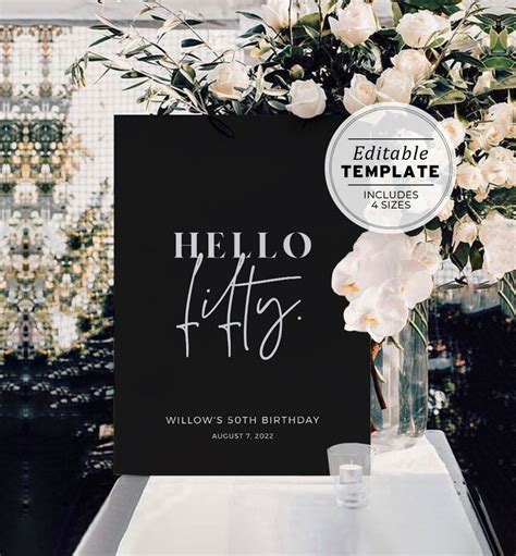 Willow Minimalist Hello Fifty Th Birthday Party Welcome Sign Etsy