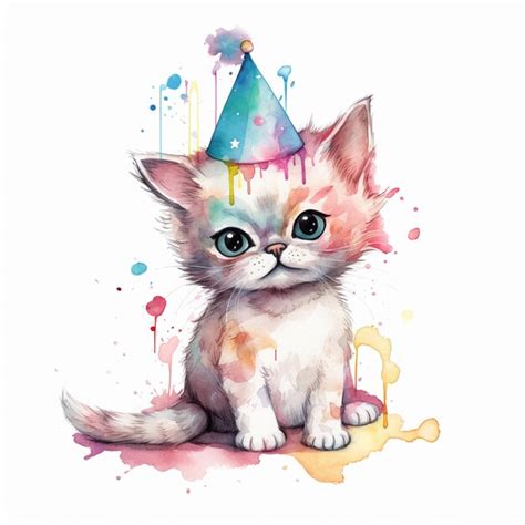 Premium AI Image | A cat with a party hat is sitting in front of a watercolor painting of a cat ...