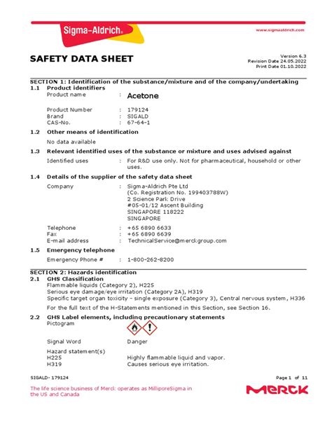 Acetone Sigma ACS Grade MSDS | PDF | Occupational Safety And Health | Physical Sciences