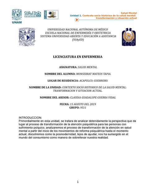 Salud Mental Unidad 1 Contexto socio histórico de la salud mental