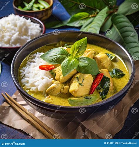 A Vibrant Green Curry With Tender Slices Of Chicken Bamboo Shoots And