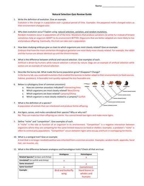 Natural Selection Quiz Review Guide Answer Key 2