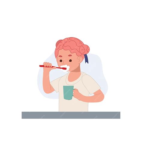 Premium Vector Young Little Girl Brushing Teeth Vector Illusrtation