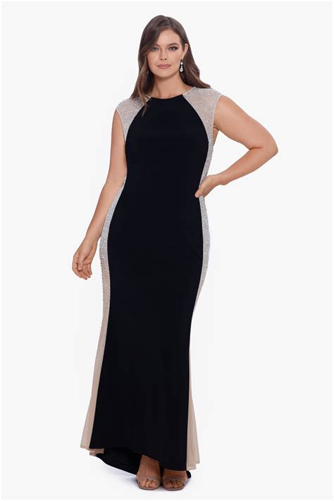 Xscape Long Stretch Knit Dress With Beaded Sides In Black Nude Silver