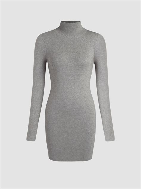 Solid High Neck Knitted Mini Dress For Daily Casual