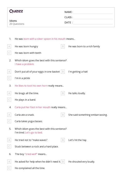 50+ Idioms worksheets for 6th Grade on Quizizz | Free & Printable