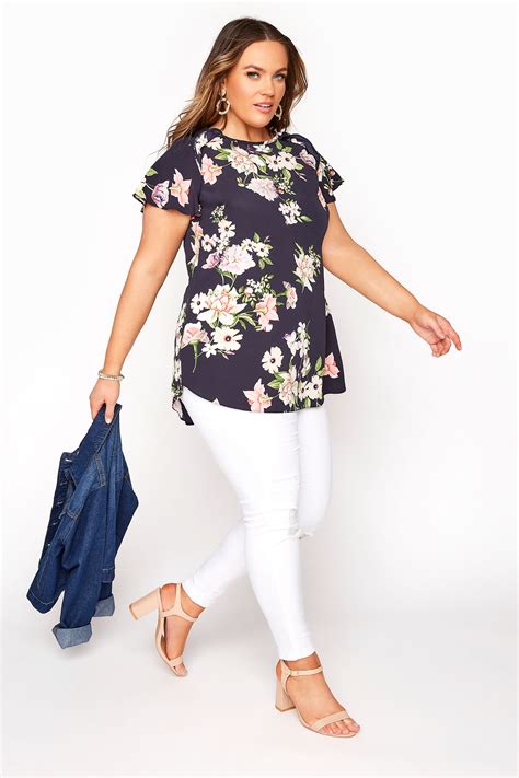 Navy Floral Frill Shoulder Blouse Yours Clothing