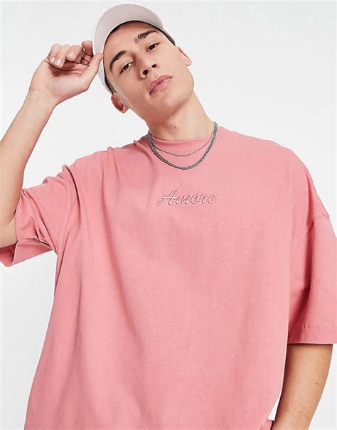 Topman Extreme Oversized T Shirt With Amore Embroidery In Pink Asos