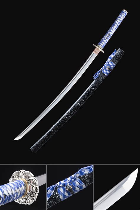 Katana Negra Y Azul Espada Katana Japonesa Hecha A Mano Con Mango