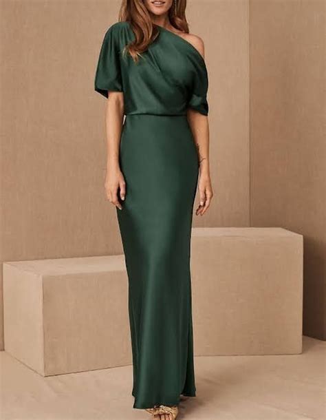 Elegent Bottle Green Silk Satin Dress One Shoulder Silk Etsy