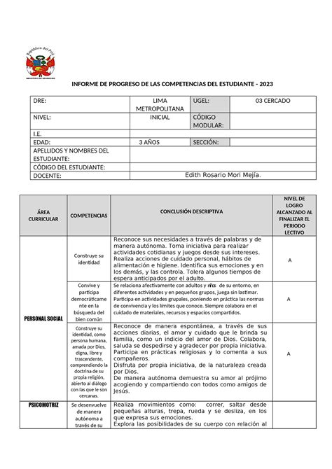 Informe De Progreso Final Informe De Progreso De Las Competencias Del