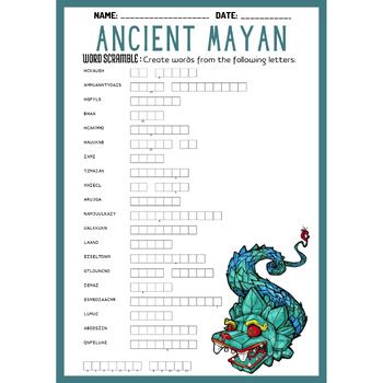 Ancient Mayan Civilization Word Scramble Puzzle Worksheet Activity