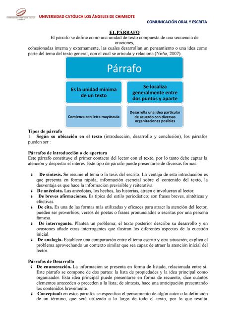 El parrafo tipos ejercicios UNIVERSIDAD CATÓLICA LOS ÁNGELES DE