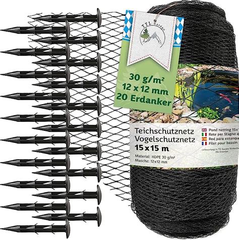 TTL Garden 15x15m Teichnetz Vogelschutznetz schwarz 30g m² 12x12mm