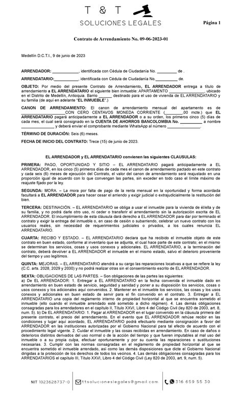 Contrato De Arrendamiento Modelo Página 1 Contrato De Arrendamiento No 09 06 2023 Medellín