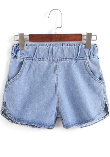 Blue Elastic Waist Denim Shorts Shein Sheinside