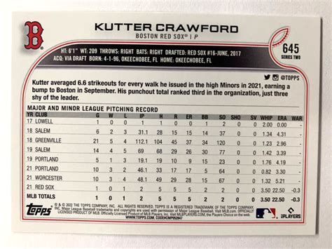 KUTTER CRAWFORD GOLD STAR SP ROOKIE 2022 Topps 645 SHARP RED SOX