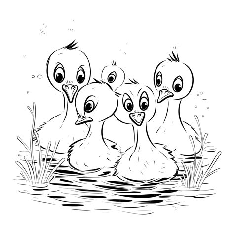 Cute Geese Swimming In Pond Big Cute Eyes Pixar Style Simple Outline