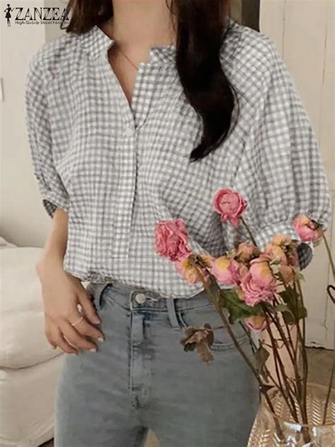 Zanzea Stylish Women Printed Plaid Shirts Spring Korean Style Blouse Long Sleeve V Neck Blusas