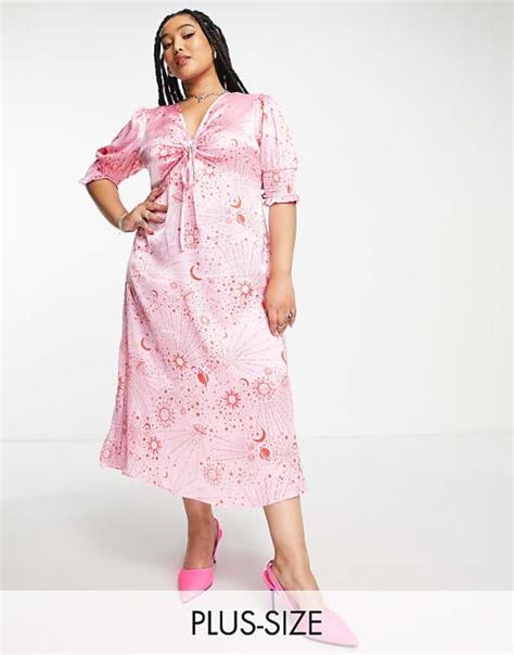 Neon Rose Plus Ruched Bust Midi Tea Dress In Pink Red Celestial Satin