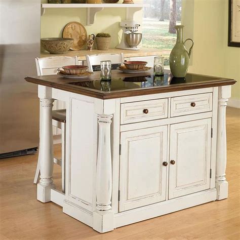 Monarch Pc Kitchen Island With Granite Top And Counter Stools Set