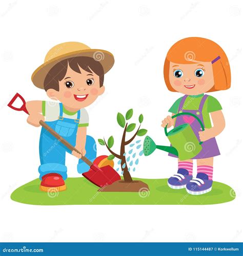 Cute Cartoon Girl And Boy Working In The Garden Vector Illustration