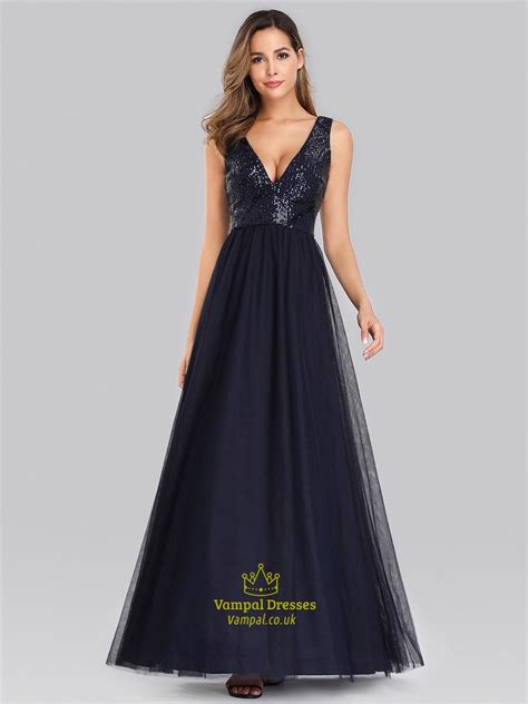 Navy Blue V Neck Sleeveless Sequin Top Tulle Bottom Bridesmaid Dresses