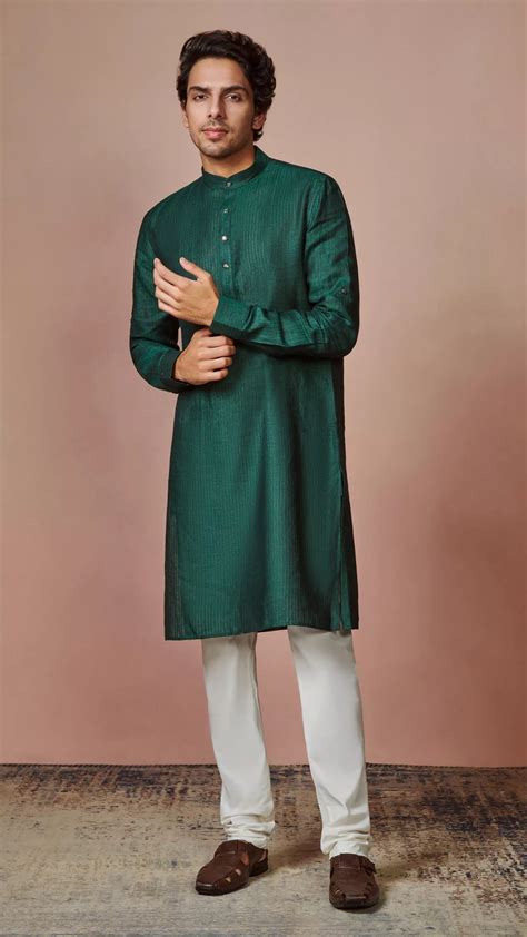 Buy Bottle Green Self Striped Kurta Online In India Manyavar Kurta For Men