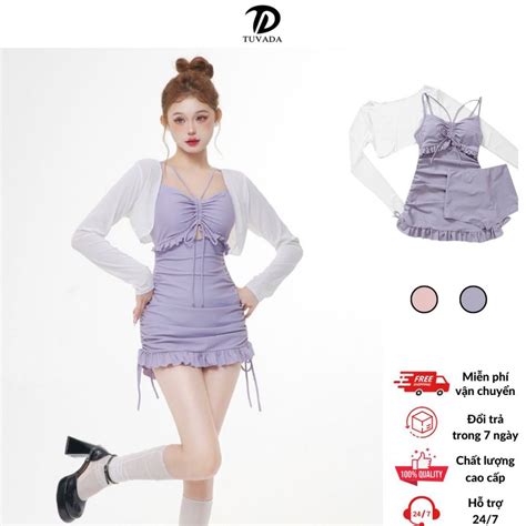 Đồ bơi nữ Tuvada kín đáo set bikini dạng váy chi tiết swimsuit nữ kèm áo choàng đi biển