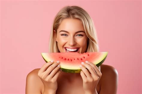 Premium Photo Happy Blonde Woman Holding A Piece Of Watermelon In Her Hands On A Pink Background
