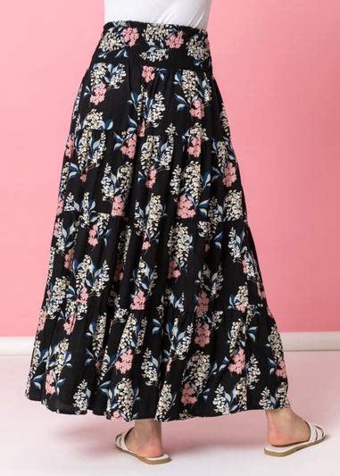 Roman Black Floral Shirred Waist Elastic Waist Maxi Skirt Matalan