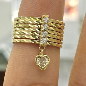 K Yellow Gold Semanario Ring For Womens Heart Weekly Ring Cz Anillo