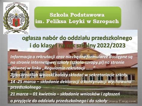 Rekrutacja Dzieci Do Szko Y Podstawowej Im Feliksa Oyki W Szropach W