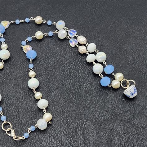 23 Blue & White Gemstone Necklace With Teacup Charm - Etsy