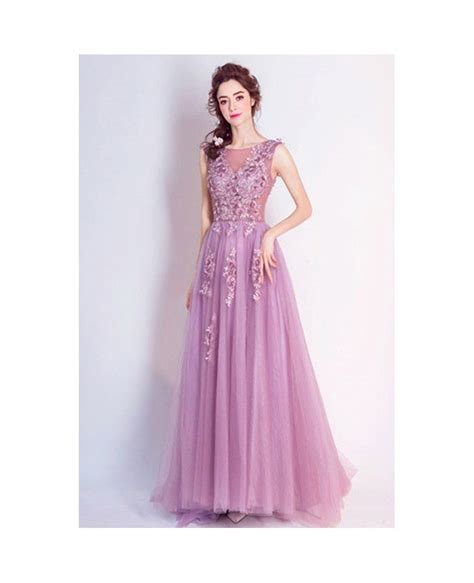 Purple A Line Scoop Neck Floor Length Tulle Formal Dress With Appliques Lace Tj069 139