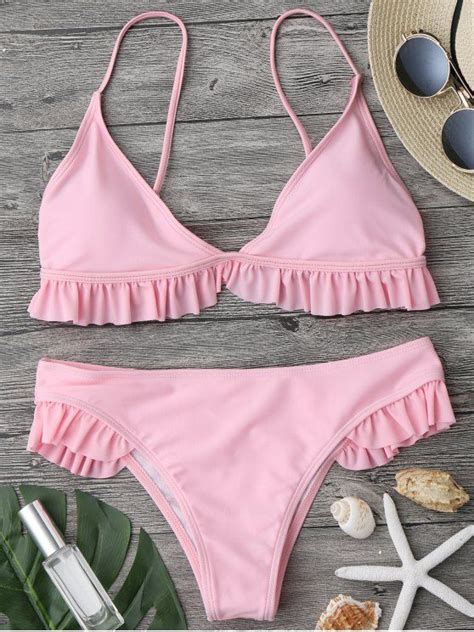 Ad Ruffle Padded Plunge Bikini Set Pink S Triangle Shaped Bathing