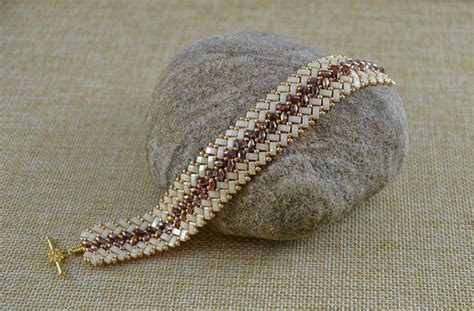 Beaded Herringbone Bracelet In Gold And Cream Half Tila Bead Bracelet