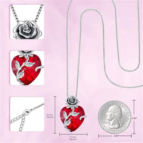 Sterling Silver Rose Flower Pendant Necklace With Heart Crystal