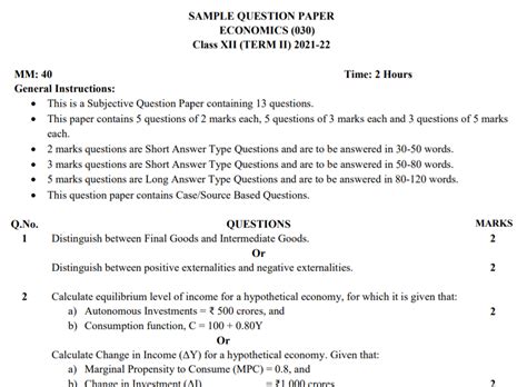 Pdf Cbse Class Term Economics Sample Question Papers Pdf