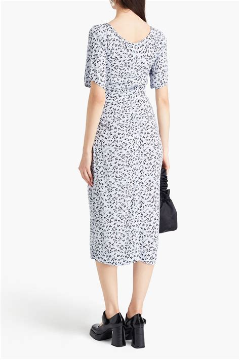 GANNI Ruched Printed Crepe Midi Dress THE OUTNET