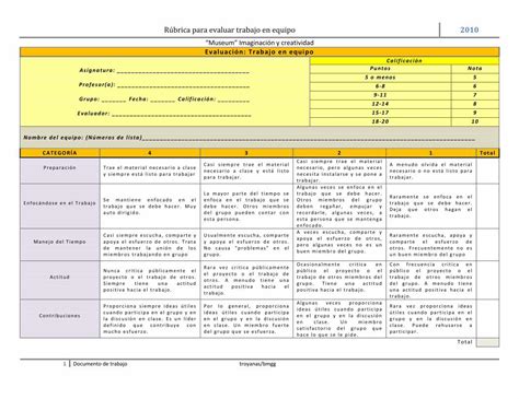 PDF Rúbrica para evaluar trabajo en equipo Rúbrica para evaluar