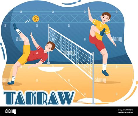 Sepak Takraw Illustration With Athlete Playing Kick Ball On Court In