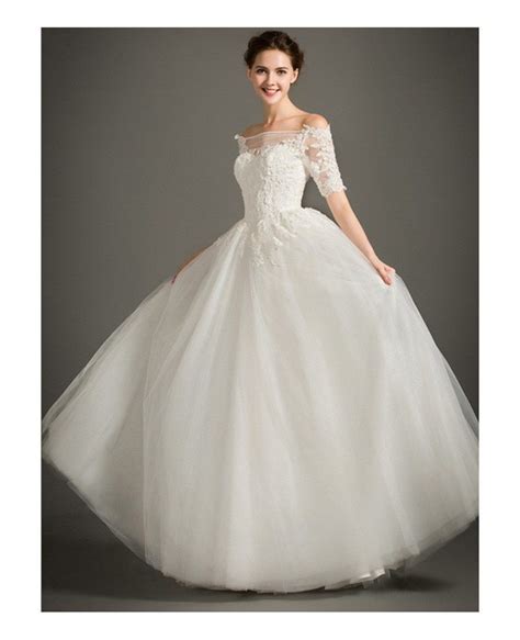 Modest A Line Off The Shoulder Floor Length Lace Tulle Wedding Dress With Short Sleeves Tz027