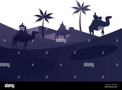 Wise Men Group In Camels And Palms Mangers Characters Silhouette Vector Illustration Design