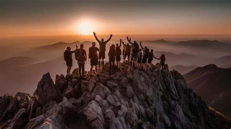 Un grupo de personas en la cima de una montaña con la puesta de sol