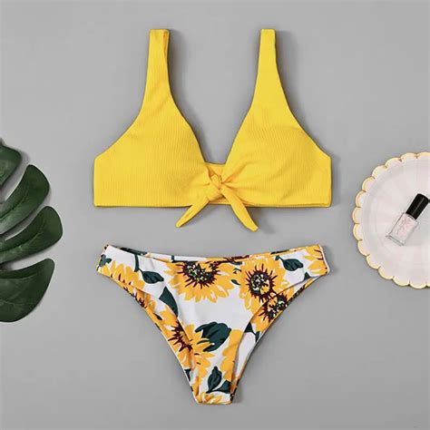 Women Sexy Two Pieces Bikini Set Bow Sunflower Stripe Printed Padded