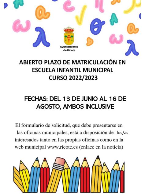 ABIERTO PLAZO DE MATRICULACION ESCUELA INFANTIL MUNICIPAL CURSO 22 23