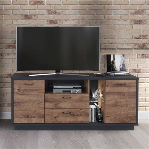 Mueble Tv Luces Led Cm Acabado De Textura Madera Oscura Grafito